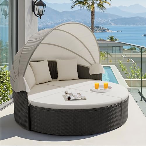 Outdoor Daybed Sofa - ชุดเฟอร์นิเจอร์ระเบียงกลางแจ้ง เตียงนอนทรงกลมพร้อมหลังคาพับเก็บได้ วัสดุหวายสาน โซฟาแบบแยกส่วนสำหรับระเบียง