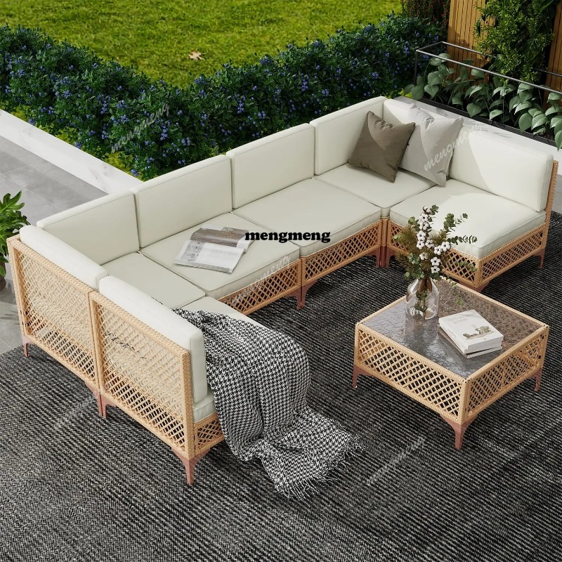Outdoor Furniture Fire Table - ชุดเฟอร์นิเจอร์สนาม 9 ชิ้น พร้อมโต๊ะเตาผิงขนาดใหญ่ ชุดโซฟาหวายสไตล์โบโฮสำหรับพูดคุยกลางแจ้ง และสามารถปรับแต่งได้