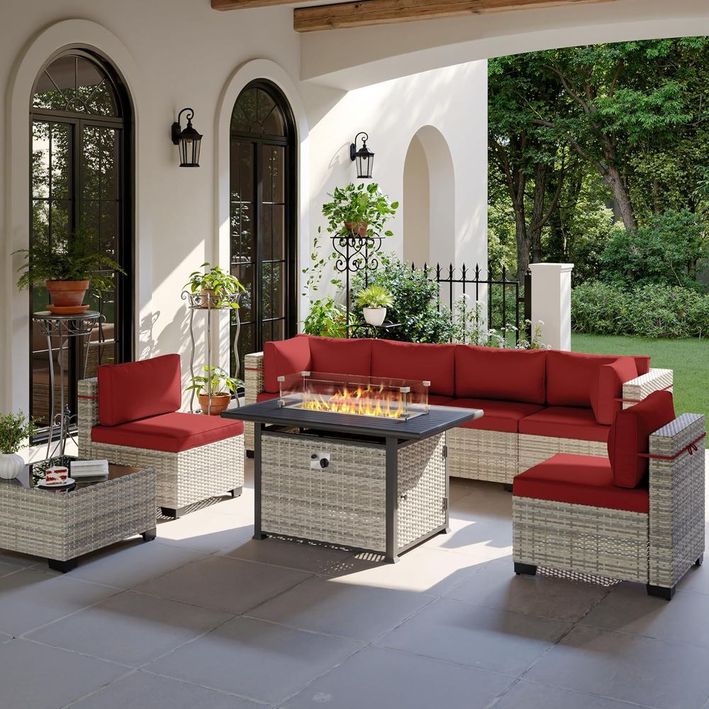 Outdoor Furniture Fire Table - ชุดเฟอร์นิเจอร์ลานกลางแจ้ง 8 ชิ้น พร้อมโต๊ะเตาไฟ เบาะรองนั่ง หวายเทียม