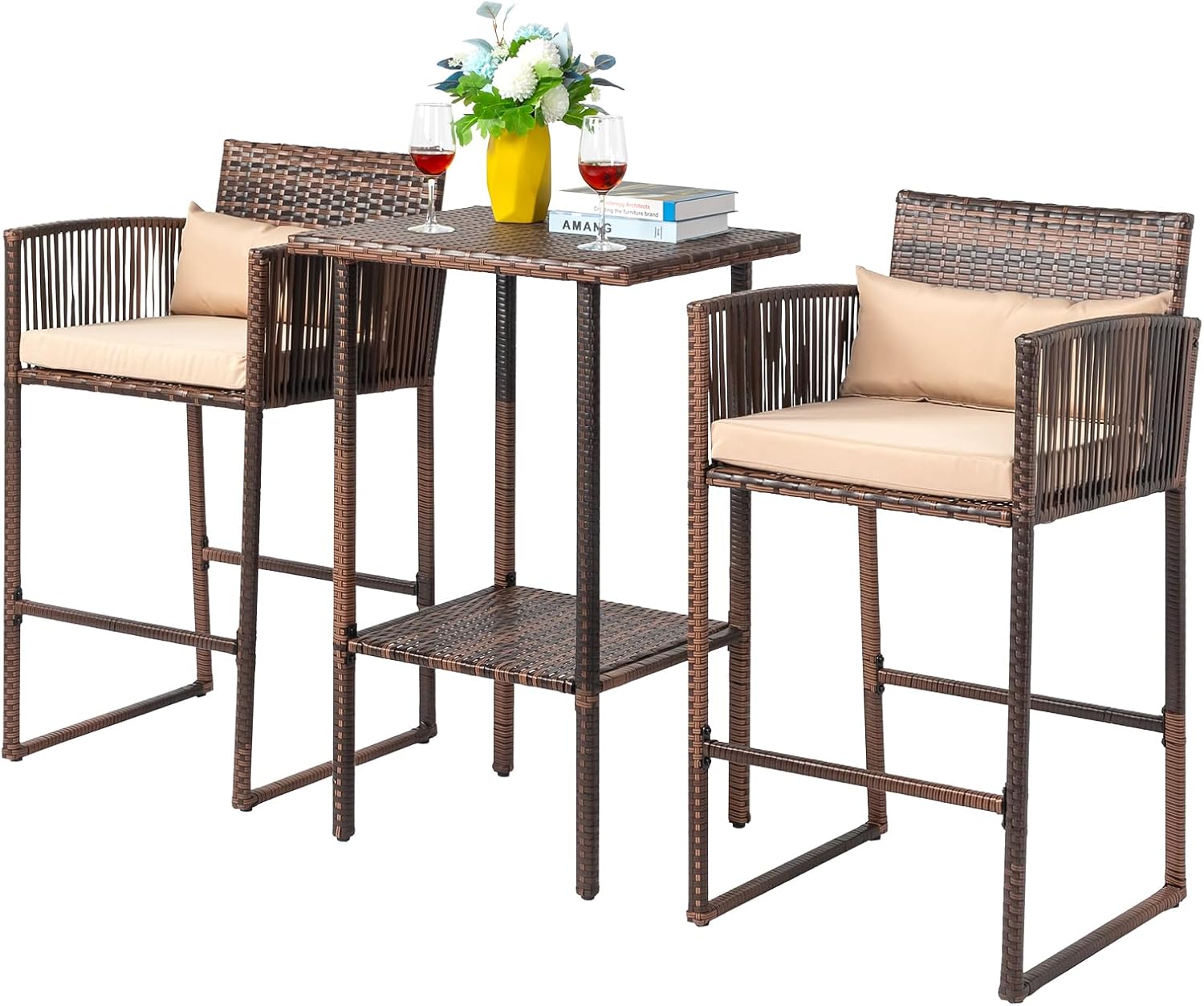 Outdoor Furniture Plus - ชุดโต๊ะบาร์หวายกลางแจ้ง 3 ชิ้น คอลเลคชั่นเฟอร์นิเจอร์หวายพร้อมโครงโลหะพร้อมชั้นวางของแบบซ่อน และเก้าอี้บุนวม 2