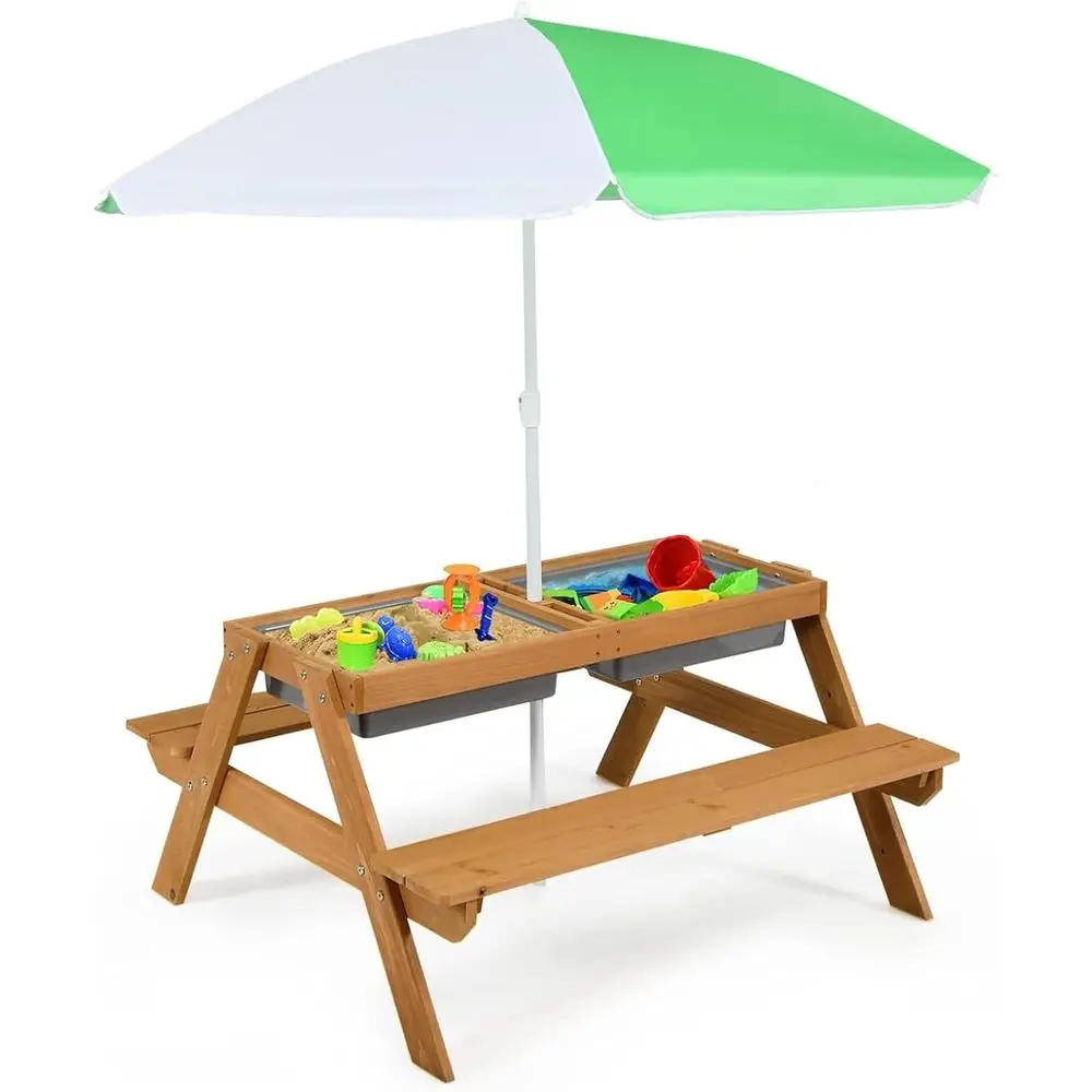 Outdoor Furniture Kids - โต๊ะปิกนิกไม้ 4-in-1 สำหรับเล่นทรายและน้ำ พร้อมกล่องถอดได้และร่มสำหรับเด็ก ชุดเฟอร์นิเจอร์สำหรับสวนหลังบ้านกลางแจ้ง