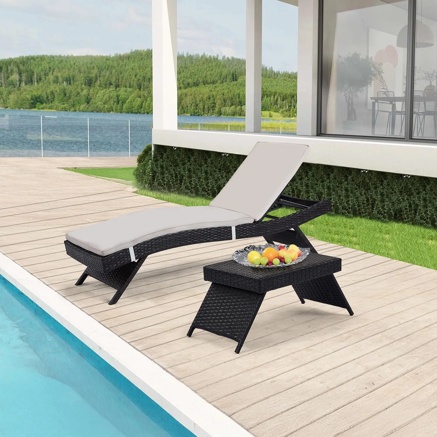 Rattan Lounge Set - ชุดเก้าอี้พักผ่อนกลางแจ้งพร้อมโต๊ะกาแฟ 2 ตัว พร้อมเบาะรองนั่งที่ถอดออกได้ เก้าอี้อาบแดดริมสระน้ำ วัสดุหวาย