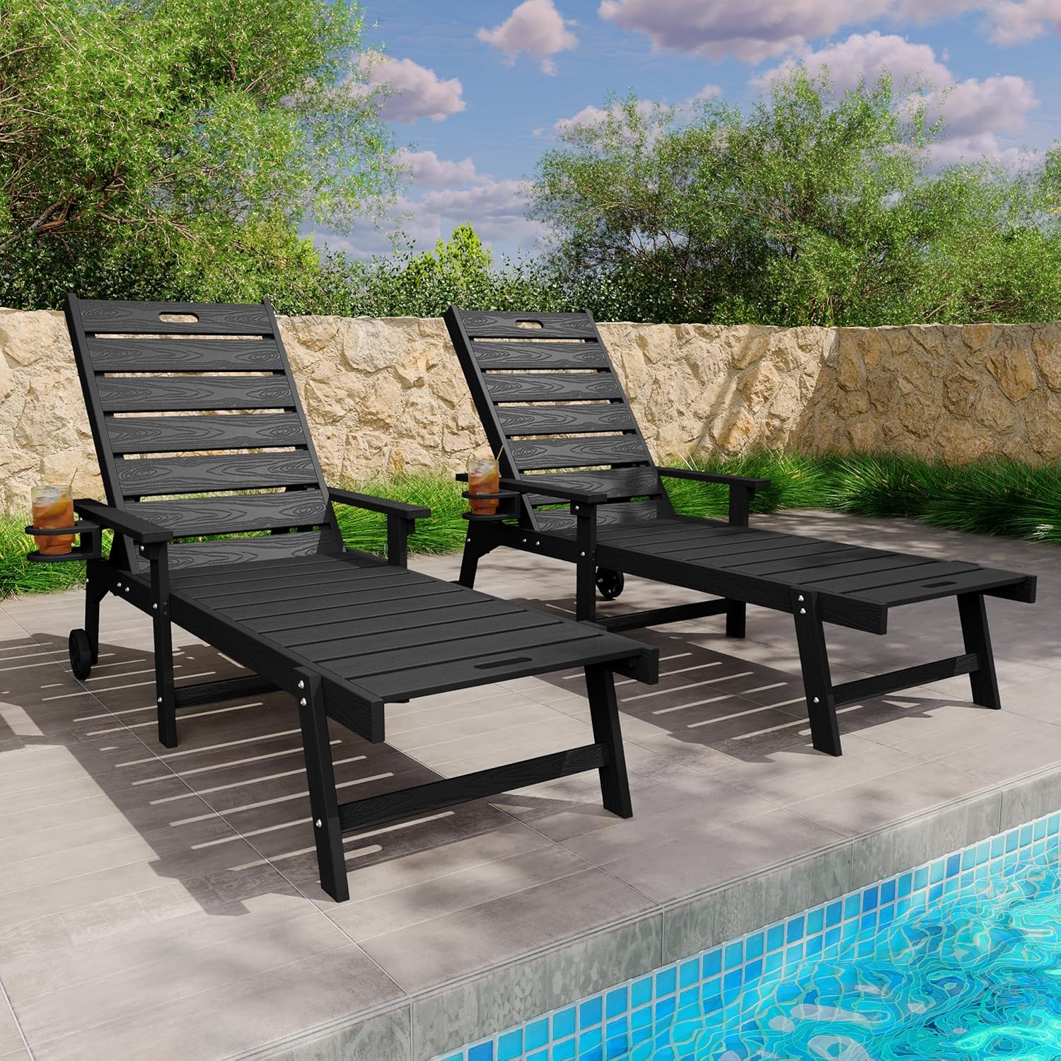 Rattan Lounge Set - ชุดเก้าอี้อาบแดดปรับระดับได้ 5 ระดับ สำหรับใช้งานกลางแจ้งทุกสภาพอากาศ จำนวน 2