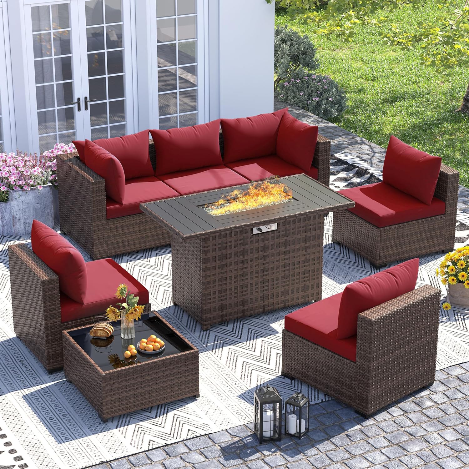 Outdoor Furniture Fire Table - ชุดโซฟาหวาย 8 ชิ้น สำหรับทุกสภาพอากาศ พร้อมโต๊ะเตาผิง สำหรับสวน