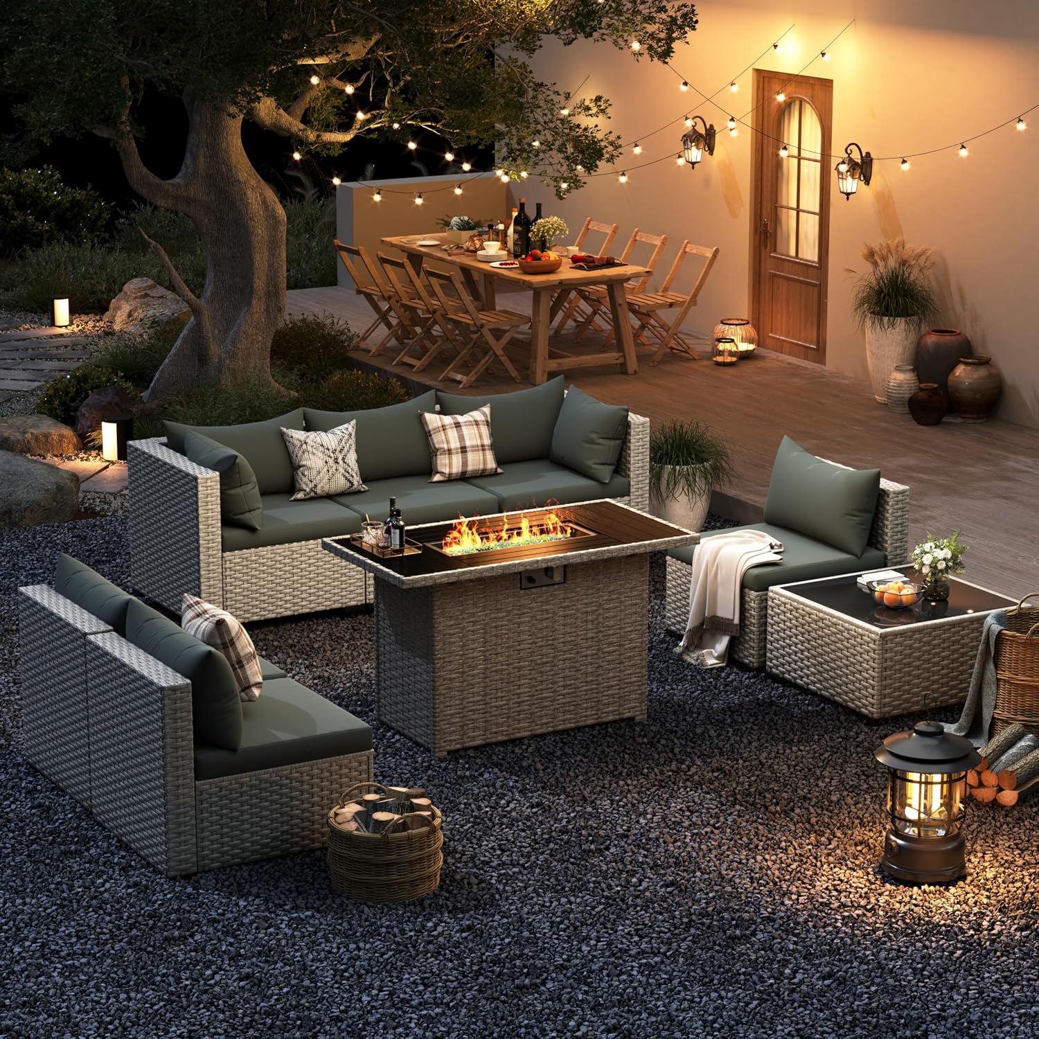 Outdoor Furniture Fire Table - ชุดโซฟาแบบแยกส่วนสำหรับกลางแจ้ง 8 ที่นั่ง พร้อมโต๊ะเตาผิง เฟอร์นิเจอร์หวาย PE