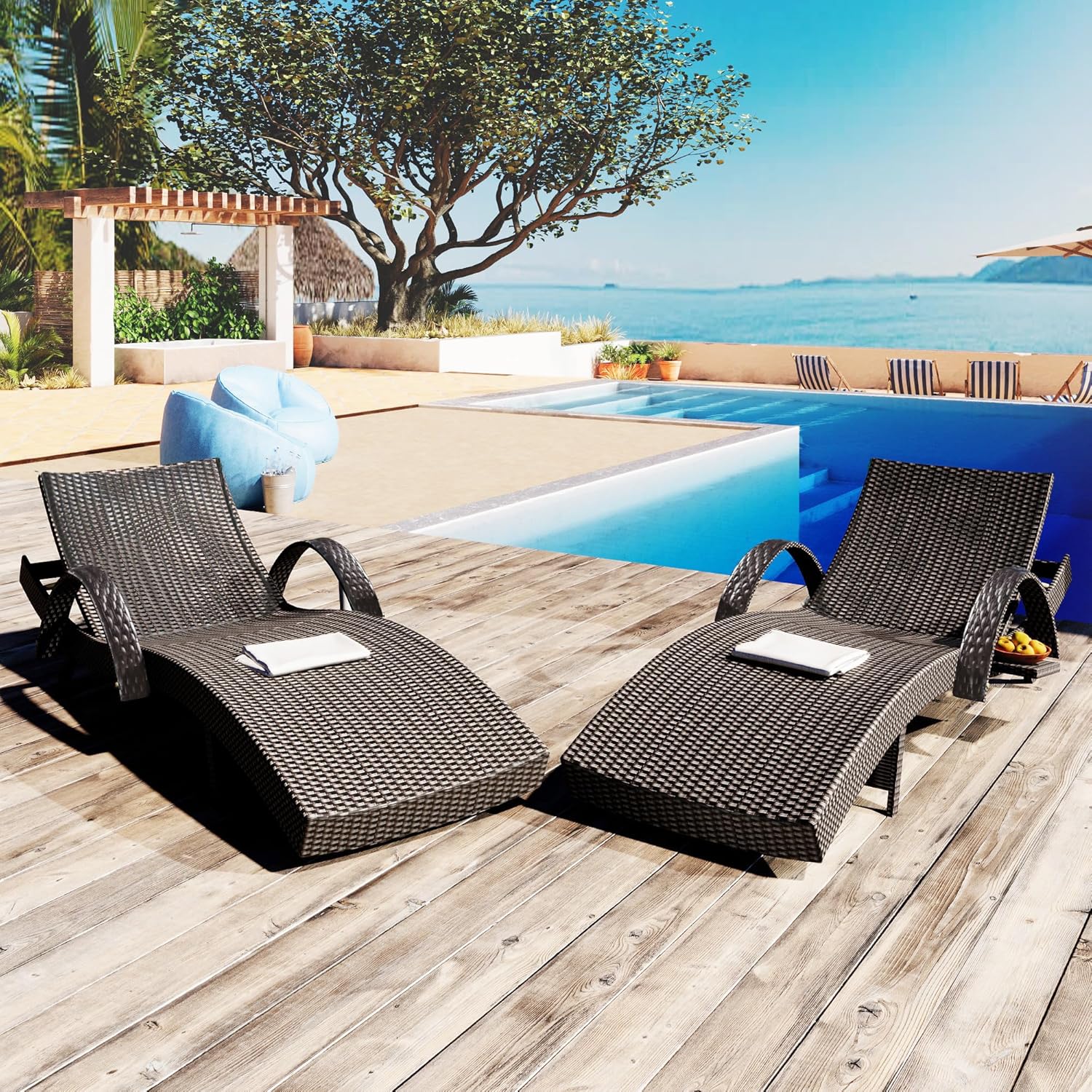 Rattan Lounge Set - ชุดเก้าอี้เอนนอนปรับระดับได้ 80 นิ้ว 2 ชิ้น พร้อมโต๊ะข้างแบบดึงออกได้