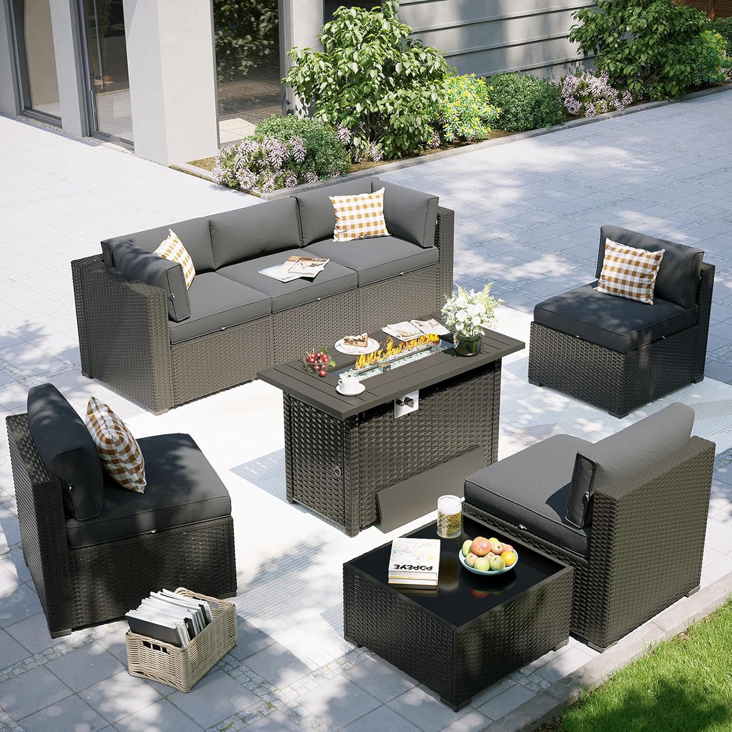 Outdoor Furniture Fire Table - ชุดเฟอร์นิเจอร์ลานบ้านพร้อมโต๊ะเตาผิง, โซฟาแบบแยกส่วนกลางแจ้ง 8 ชิ้น, เฟอร์นิเจอร์หวายกลางแจ้ง, ปรับแต่งได้