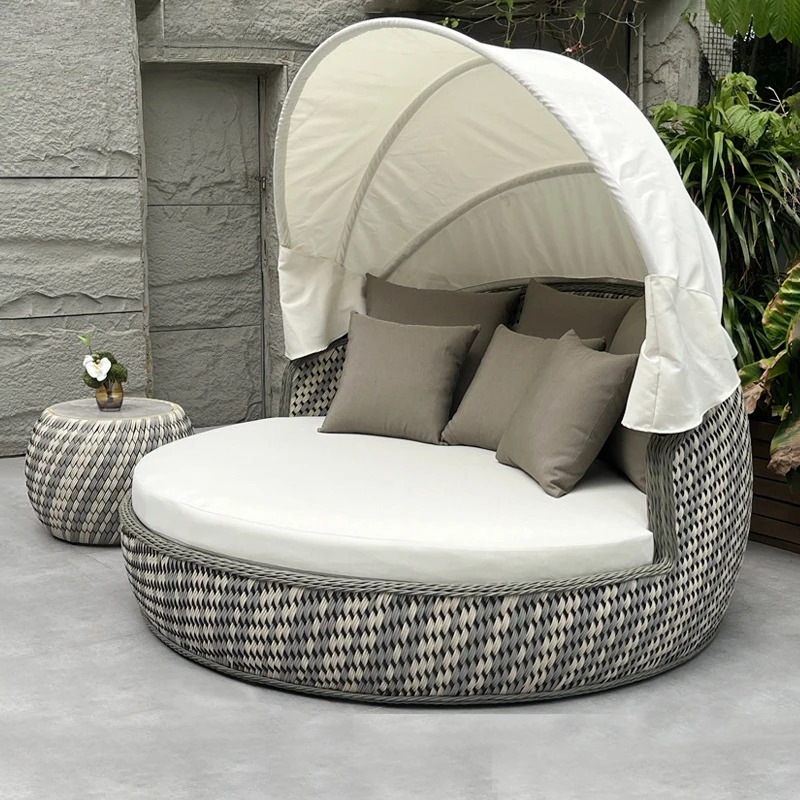 Rattan Lounge Set - เตียงนอนกลางวัน, โซฟาหวายทรงกลมกันรังสียูวี, โซฟาหวายแบบมีหลังคา, เตียงอาบแดดกลางแจ้ง, เฟอร์นิเจอร์สระว่ายน้ำโรงแรมแบบสั่งทำพิเศษ