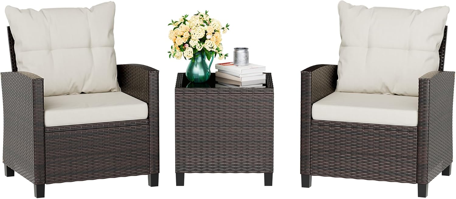 Outdoor Furniture Sofa - ชุดบิสโทรหวายสังเคราะห์ 3 ชิ้น สีเบจ ขนาดกะทัดรัด สำหรับระเบียงหน้าบ้าน