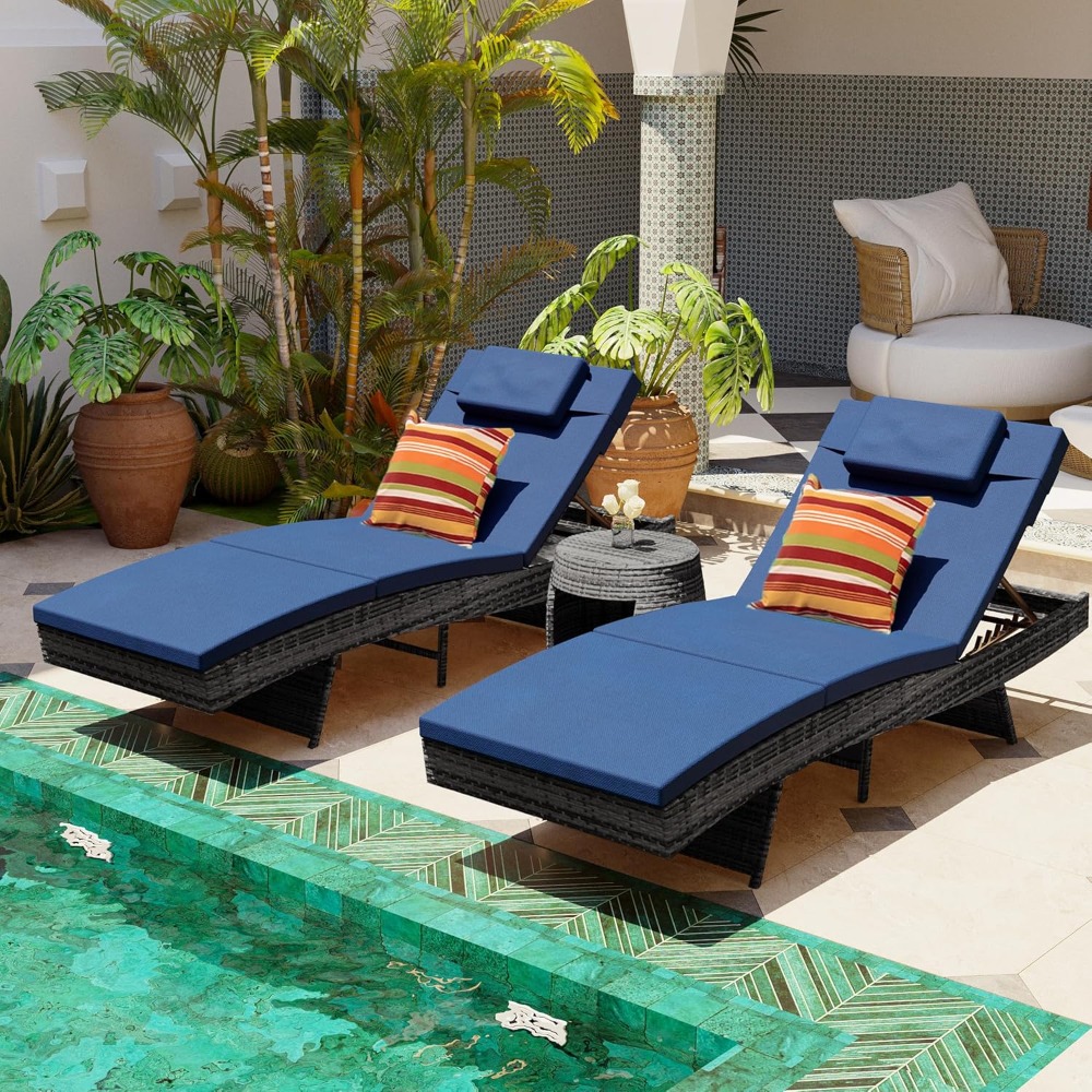 Rattan Lounge Set - ชุดเก้าอี้พักผ่อน 2 ตัว, เก้าอี้พักผ่อนหวายสำหรับกลางแจ้ง, เก้าอี้พักผ่อนปรับระดับได้พร้อมเบาะรองนั่ง, สามารถปรับแต่งได้