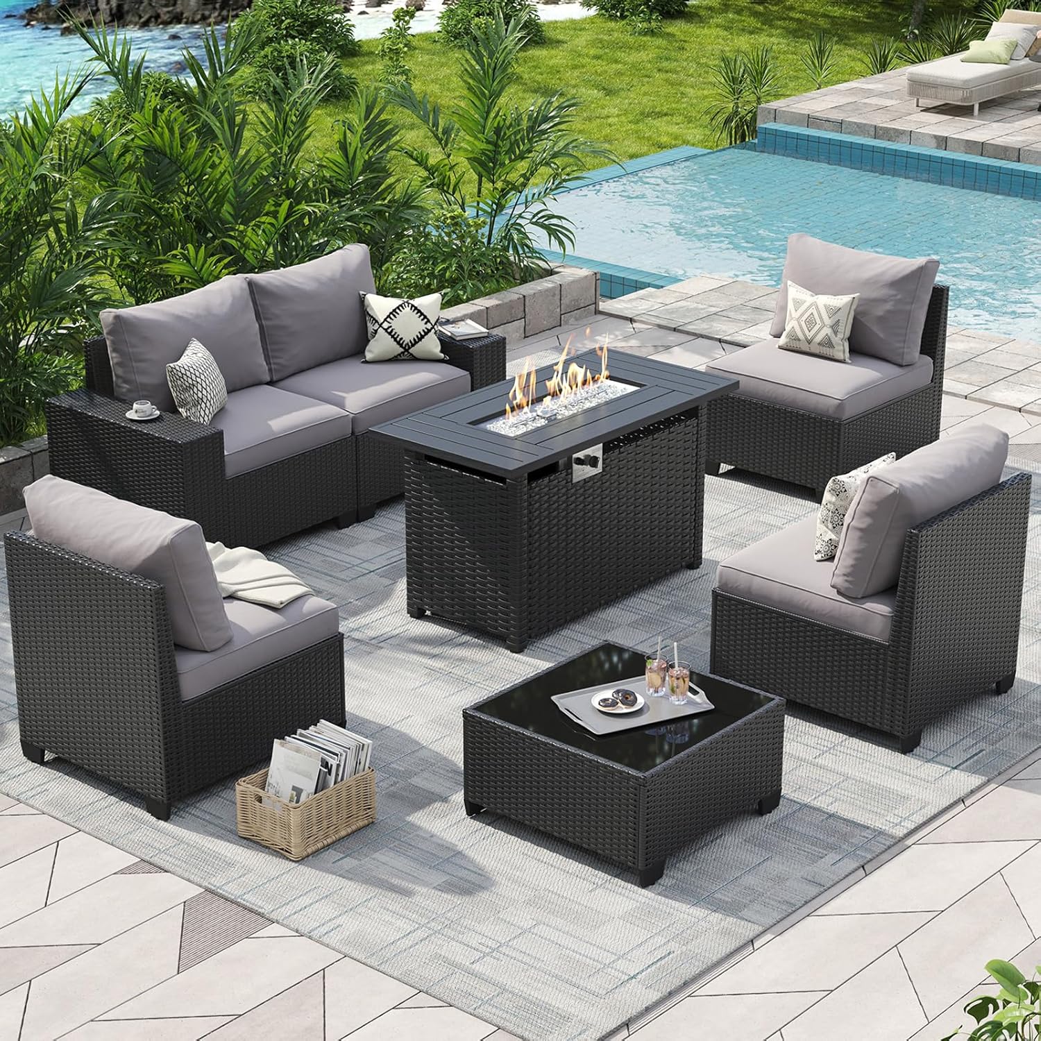 Outdoor Furniture Fire Table - ชุดเฟอร์นิเจอร์สำหรับลานกลางแจ้ง พร้อมโต๊ะเตาผิงขนาด 44 นิ้ว, ชุดโซฟาสำหรับกลางแจ้ง 7