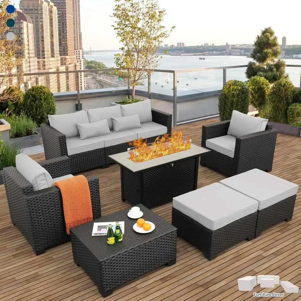 Outdoor Furniture Fire Table - ชุดเฟอร์นิเจอร์ลานกลางแจ้ง 45 ชิ้น พร้อมผ้าคลุมกันน้ำ 7 ชิ้น