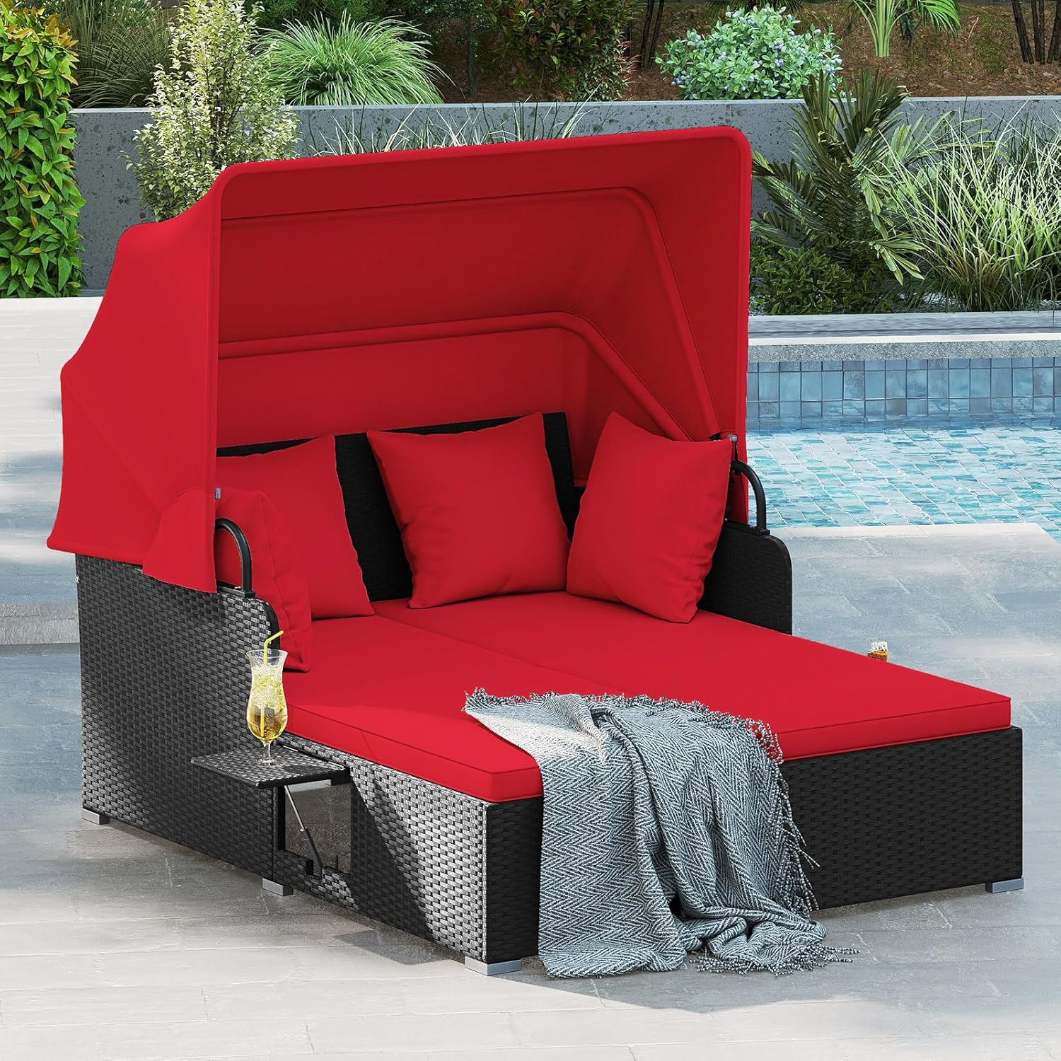 Outdoor Daybed Sofa - เตียงนอนกลางแจ้งหวายสำหรับ 2 คน พร้อมหลังคา หมอนอิง 4