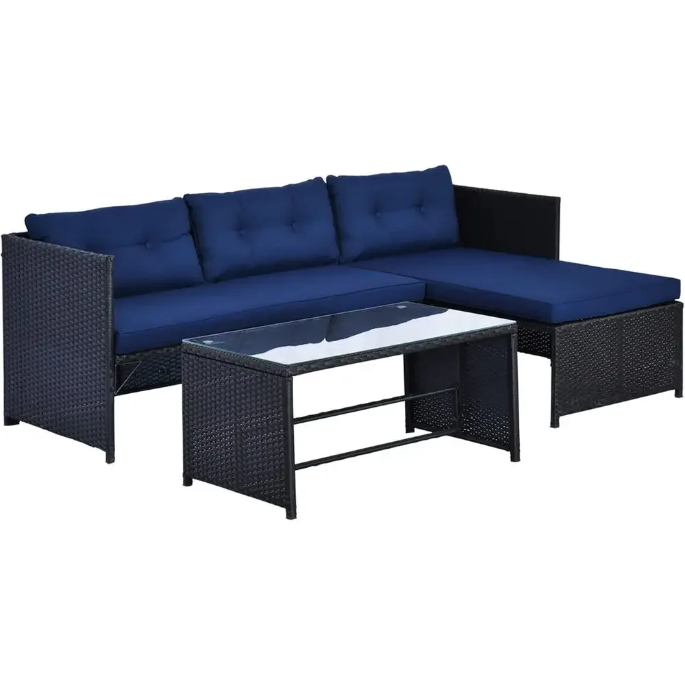Rattan Lounge Set - ชุดโซฟาหวายกลางแจ้งรูปตัว L สีฟ้า พร้อมเก้าอี้ยาว โซฟาคู่ โต๊ะกระจกนิรภัย