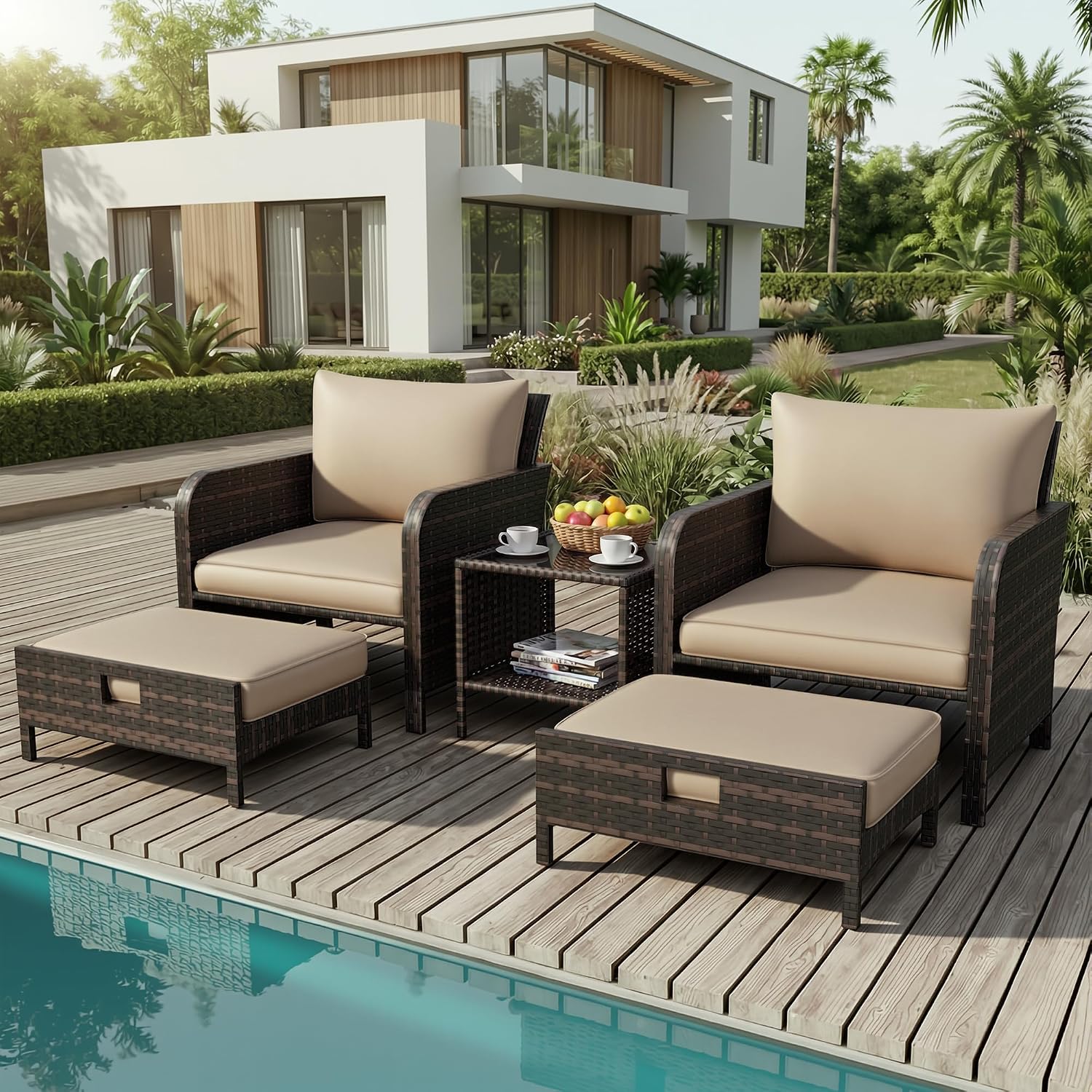 Rattan Lounge Set - ชุดเฟอร์นิเจอร์สำหรับนั่งพักผ่อน 5 ชิ้นสำหรับลานบ้าน, เก้าอี้หวาย PE สำหรับนั่งพักผ่อนกลางแจ้งพร้อมเบาะนุ่มหนา,