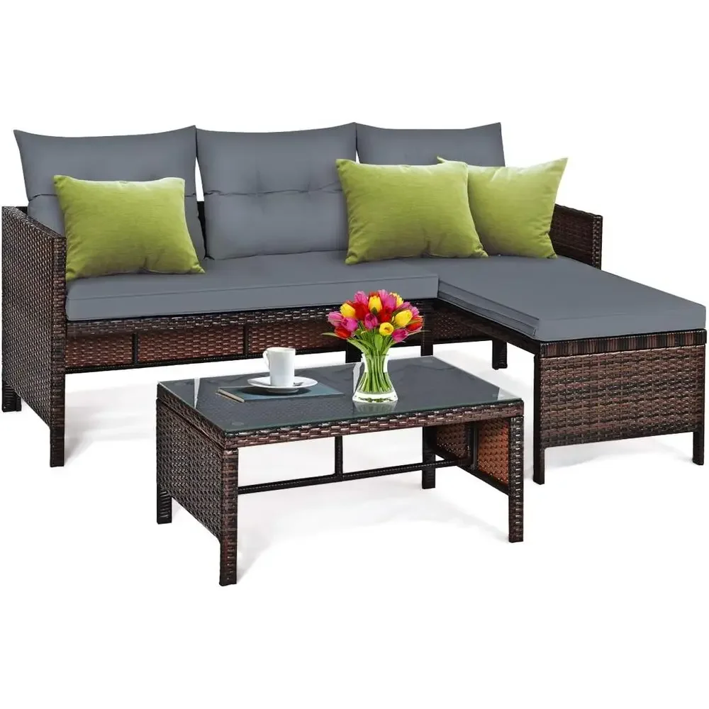 Rattan Lounge Set - ชุดเฟอร์นิเจอร์ระเบียงหวาย 3 ชิ้น รูปตัว L ทำจากหวาย