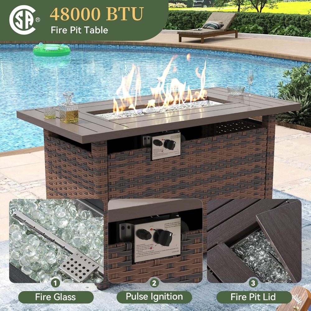 Outdoor Furniture Fire Table - ชุดเฟอร์นิเจอร์ระเบียงกลางแจ้งสุดพิเศษ 8 ชิ้น โซฟาหวายแบบแยกส่วน พร้อมโต๊ะเตาผิง โต๊ะกาแฟ