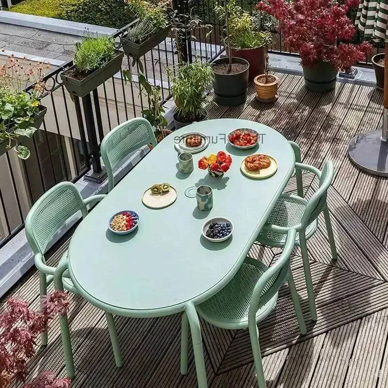 Outdoor Furniture Green - ชุดโต๊ะอาหารกลางแจ้งแบบมินิมอลสไตล์สแกนดิเนเวียนสำหรับระเบียง โต๊ะกลมสำหรับรับประทานอาหาร ชุดเฟอร์นิเจอร์กลางแจ้งสำหรับลานบ้าน