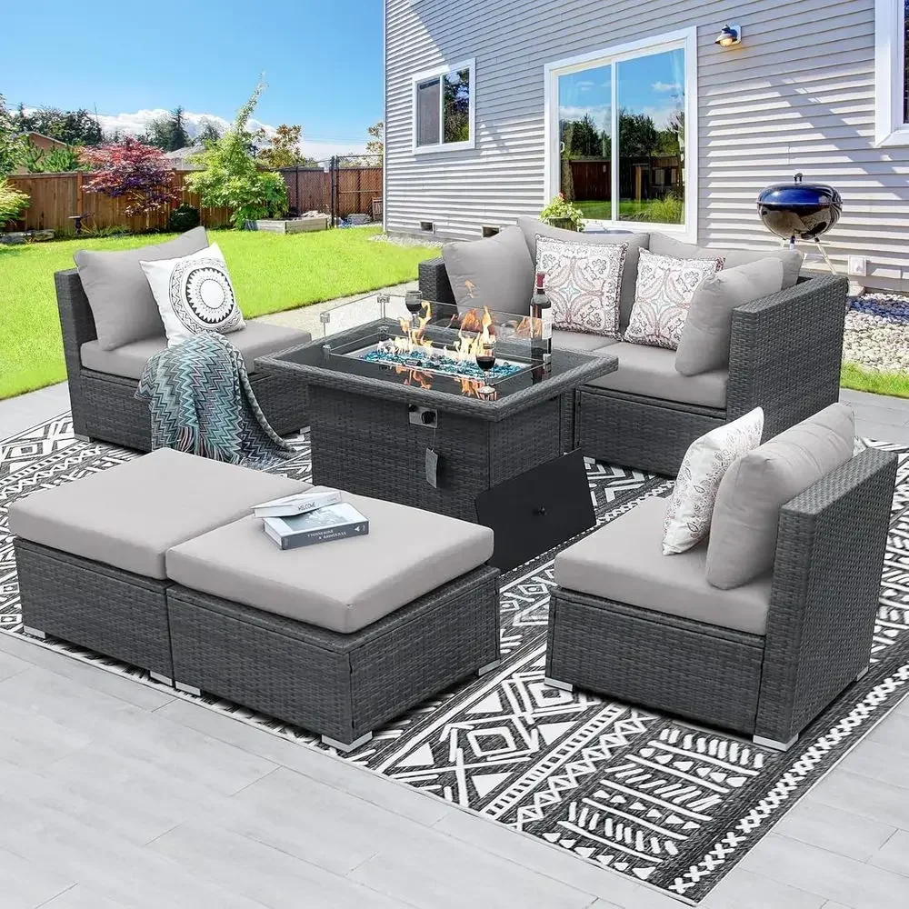 Outdoor Furniture Fire Table - ชุดโซฟากลางแจ้ง 6 ที่นั่ง ทนทานต่อสภาพอากาศ พร้อมโต๊ะเตาไฟ เฟอร์นิเจอร์หวายสำหรับลานบ้าน