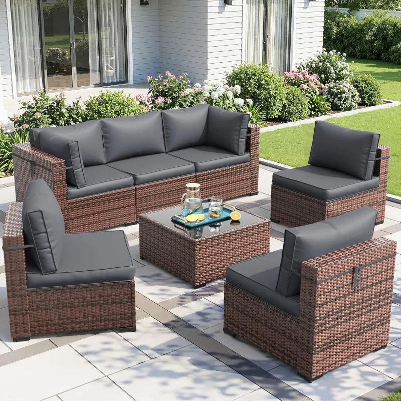 Outdoor Furniture Fire Table - ชุดเฟอร์นิเจอร์ลานบ้าน Amopatio 8 ชิ้น พร้อมโต๊ะเตาไฟ โซฟาสำหรับนั่งพูดคุยกลางแจ้งพร้อมผ้าคลุมกันน้ำ