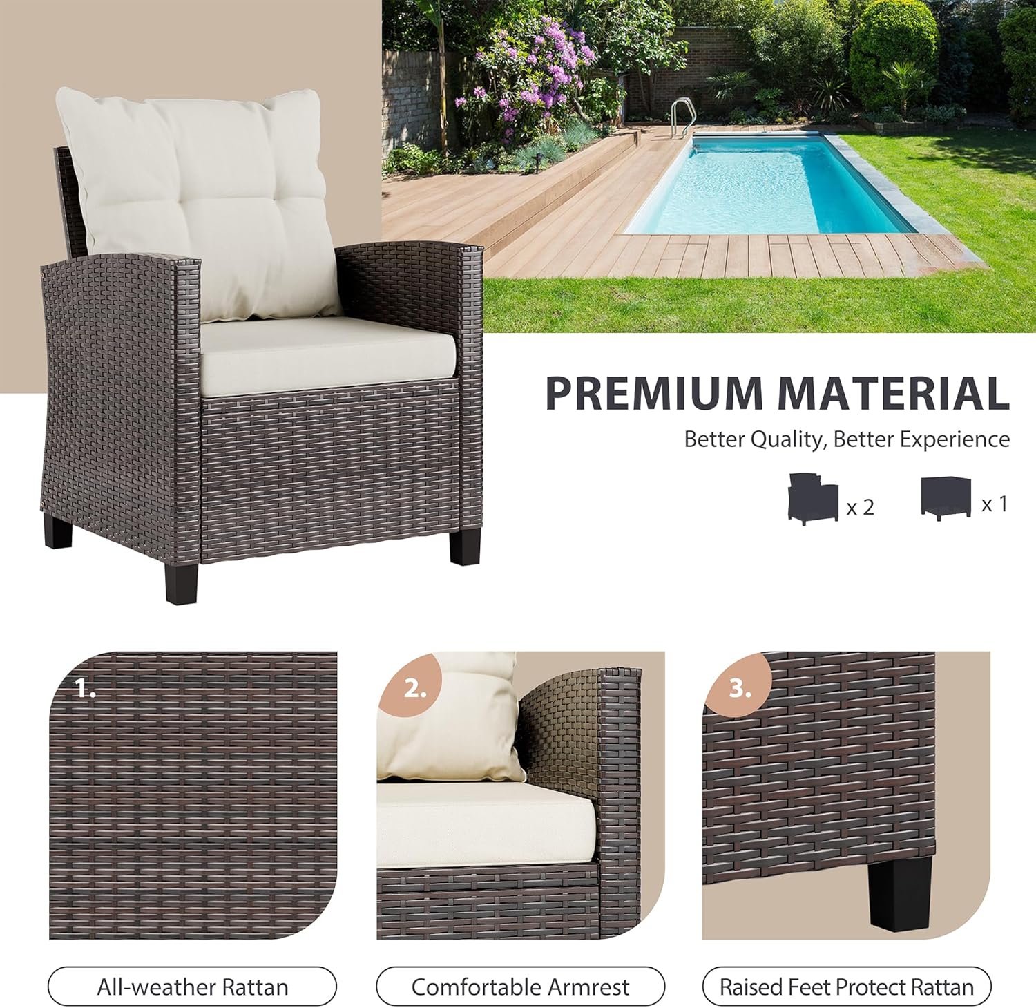 ชุดบิสโทรหวายสังเคราะห์ 3 ชิ้น - Outdoor Furniture Sofa บทวิจารณ์และราคา